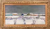 Giovanni Omiccioli, Suburbs under the snow, oil on panel (the panel is made up of horizontal panels)