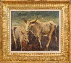 Oxen by Domenico Purificato, oil on cardboard, offered Jul 2026