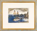 Luigi Zuccheri, Gilt-head bream in a lagoon landscape with Bragozzo, tempera on cardboard