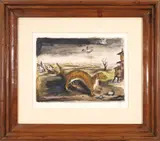 Luigi Zuccheri, Weasel in landscape with herons in flight, gouache on cardboard