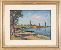 Burano, the long bridge by Silvio Consadori, 1970, oil on canvas board, offered Jul 2026