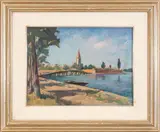 Silvio Consadori, Burano, the long bridge, 1970, oil on canvas board