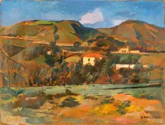 Hilly landscape by Silvio Consadori, oil on masonite, offered Jul 2026