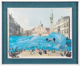 Ludovico Deluigi, Wave with giant, 1977, offset printing and collage on canvas