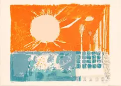 Bruno Saetti, Landscape with sun, lithograph on plastered paper