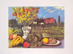 Michele Cascella, Still life with landscape, screen printing e.g. pa