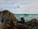 Vincenzo Cabianca, Monachine sugli scogli a Castiglioncello, oil on canvas riportata on cardboard