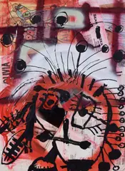 Paul Kostabi, Dangerous disaster, oil and collage on canvas