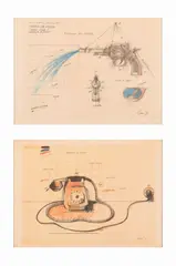 Lotto di due disegni. Progetto bellico - Pistola ad acqua e Telefono ad acqua by Fabrizio Plessi, 1971, offered Jul 2024