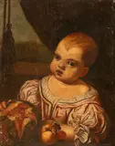 Antonio Amorosi, Ritratto di infante con natura morta e scorcio di paesaggio, Cornice non coeva a cassetta in legno intagliato e dorato a foglia oro con piccole applicazioni fitomorfe a rilievo