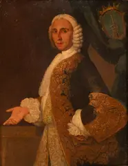 Alessandro Longhi, Ritratto di nobiluomo, campeggia a destra on un tendaggio verde un grande stemma araldico con torre sovrastata da colonna ardente Cornice