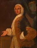 Alessandro Longhi, Ritratto di nobiluomo, campeggia a destra on un tendaggio verde un grande stemma araldico con torre sovrastata da colonna ardente Cornice