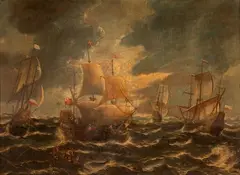 Marco Ricci, Velieri nel mare in tempesta, Cornice in pioppo a cassetta del XVII secolo laccata nera con decori in oro a girali di pampini e uva Dipinto