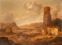 Daniel van Heil, Scena da un villaggio, Siglato in cima alla roccia con monogramma