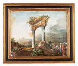 Robert Hubert, Paesaggio agreste con rovine classiche e personaggi in abiti turchi. Sullo sfondo cavalieri., dipinto on marble