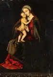Valeriano Magni, Madonna con Gesù Bambino in braccio, La Madonna è raffigurata assisa con una lunga veste rossa coperta da una cappa nera con trame d'oro