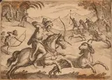 Antonio Tempesta, Indigeni cacciano le antilopi, incisione smarginata in cornice dorata del XX secolo