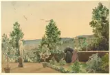 Nicola Sanesi, Nobildonne si affacciano da un giardino fiorito, watercolour