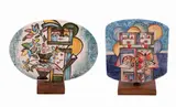Ibrahim Shaban Likmetaj Kodra, Due piatti in ceramica a) figura con lumaca e farfalla; b) figura con vaso di fiori, Due piatti in ceramica figura con lumaca e farfalla e figura con vaso di fiori L'Aquila