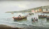 Attilio Pratella, Boats with fishermen on the shore