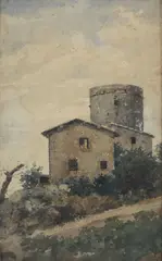 Telemaco Signorini, Farmhouses and tower, Initials at bottom right.