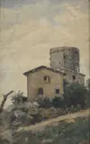 Telemaco Signorini, Farmhouses and tower, Initials at bottom right.