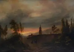 Giuseppe Canella, Landscape with buildings and travellers, 1830, Oil on canvas