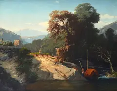 Ercole Calvi, Landscape on the lake and figures, 1869, Signature and date lower left.