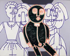Concetto Pozzati, Painter's puppets, 2003, On the back: signature