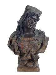 Friedrich Goldscheider, Bust of an African girl, Painted terracotta sculpture. Signature on the back. Height: