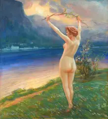 Georges Claude Michelet, Nude at sunset with branch, 1920, Signature and date lower left.