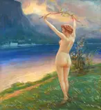 Georges Claude Michelet, Nude at sunset with branch, 1920, Signature and date lower left.