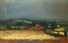Luciano Guarnieri, Landscape with a village in the background, 1980, Signature and date lower right.