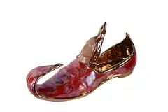 Luigi Ontani, Oriental slipper, 1995, Polychrome ceramic and pure gold sculpture created in collaboration with Gatti in Faenza. Ceramica Gatti signature