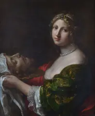 Onorio Marinari, Salome with the Head of John the Baptist, 19th century shell frame in carved and gilded wood.