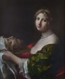 Onorio Marinari, Salome with the Head of John the Baptist, 19th century shell frame in carved and gilded wood.