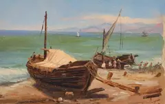 Consalvo Carelli, Fishing boats aground, 1838, Signature and date lower left.