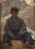 Riomaggiore, boy sitting with cap by Telemaco Signorini, Initials at lower left. On the back: on the stretcher, offered Mar 2026