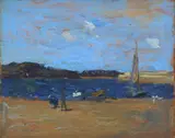 a Edwin Scott, Landscape with river, boats and figures