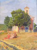 Corrado Mezzana, Country church with peasant women, 1924, Signature and date lower right.