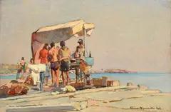 Bathers on the seafront by Gino Romiti, 1946, offered Feb 2026