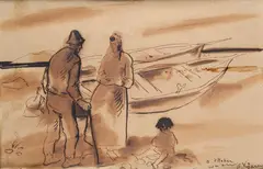 Felice Carena, Figures with boat in the background, Signature and dedication lower right.