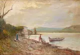 Enrico Reycend, Lake landscape with fishermen
