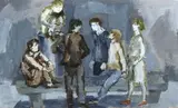 Renzo Grazzini, Boys on the bench, Oil on plywood