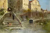 Augusto Alberici, Paesaggio con scorcio di chiesa e figure, Sul verso: ad inchiostro