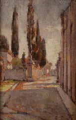 Street with buildings and cypresses in Montenero by Gino Romiti, 1929, offered May 2025