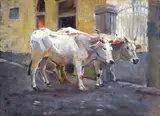 Oxen waiting by Ruggero Focardi, Signature and dedication lower left. On the back: label Mario Galli, offered Apr 2025