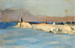 Marina by Aleksandr Gerasimov, Tracce di firma in basso a destra. Sul verso: etichetta Società Commercio Artistico di Mosca con dati dell'oper, offered Feb 2025