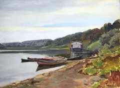 Barche sull'Oka by Nikolaï Alexandrov Sokolov, 1948, offered Feb 2025