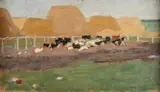 Timofey Kalashnikov, Paesaggio con covoni e gregge, Sul verso: etichetta JSC Galleria d'Arte.